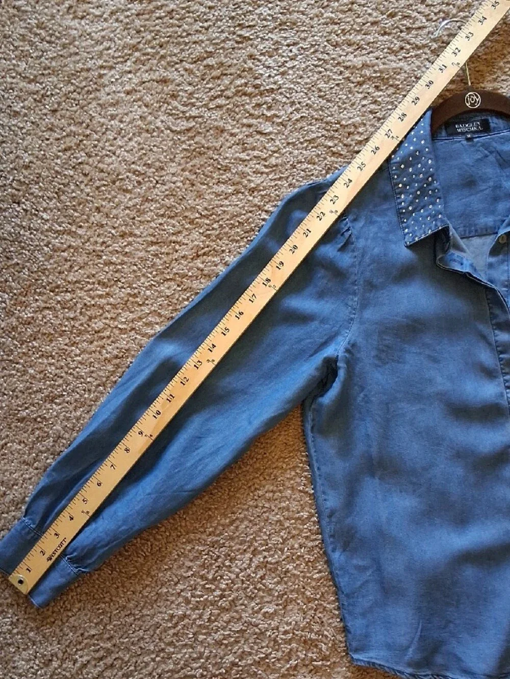 Badgley Mischka Blue Denim Button-Front Blouse + Embellished Rhinestone Collar - Picture 8 of 9